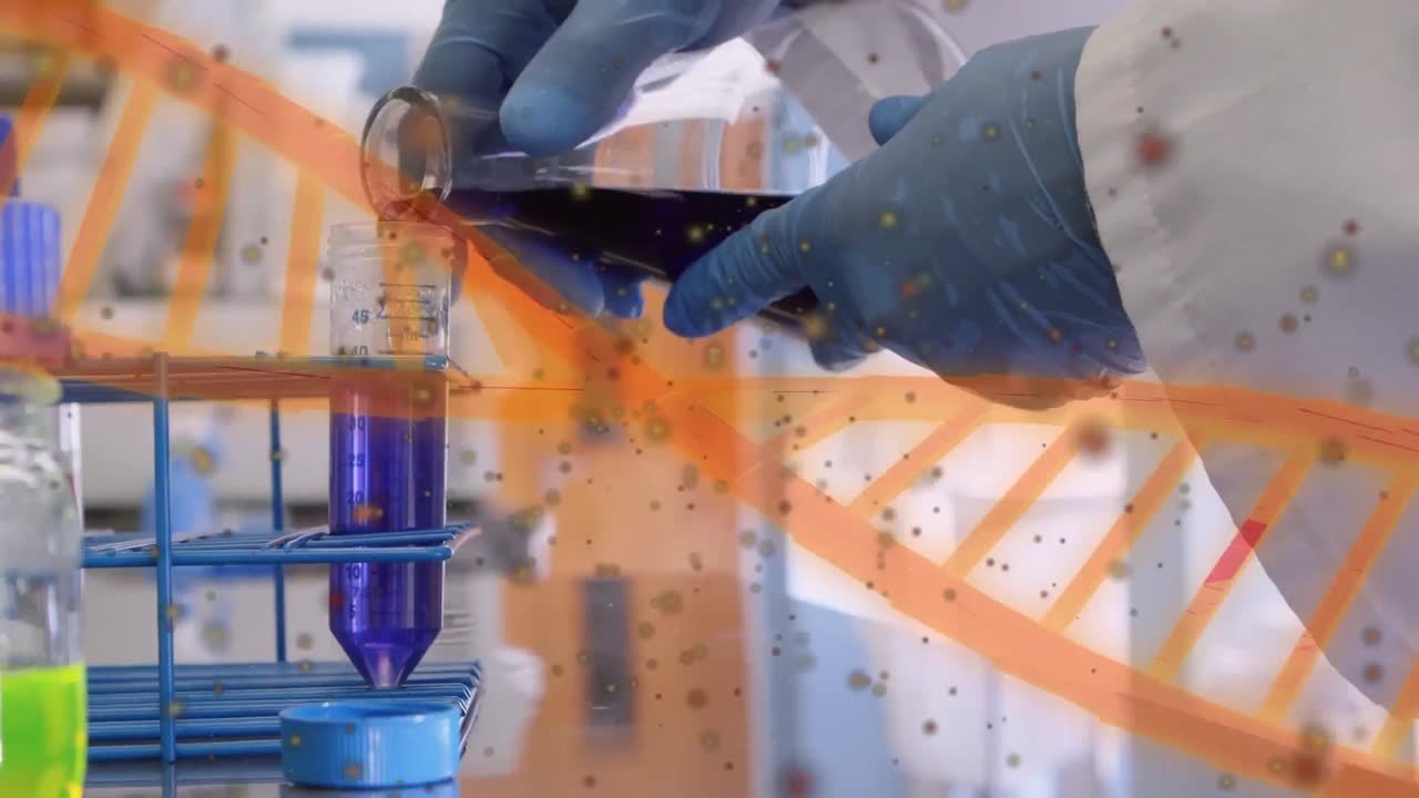 animación de la estructura del adn y las manchas sobre la sección media de un científico masculino que trabaja en el laboratorio