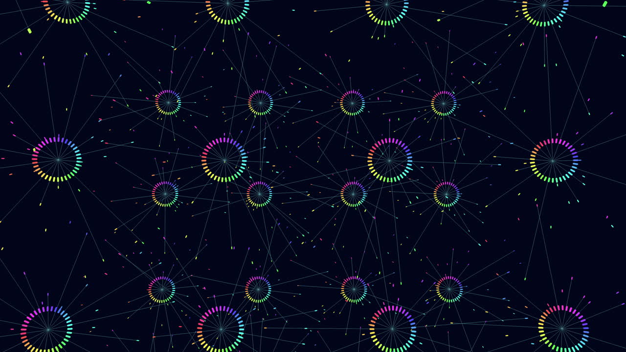 Glowing circle network colorful seamless pattern with connected circles and lines
