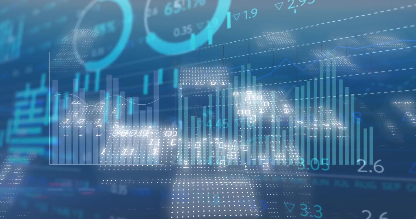 Animazione di diversi grafici e numeri che cambiano su uno sfondo astratto
