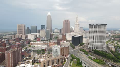 cleveland, ohio skyline drone video moving in