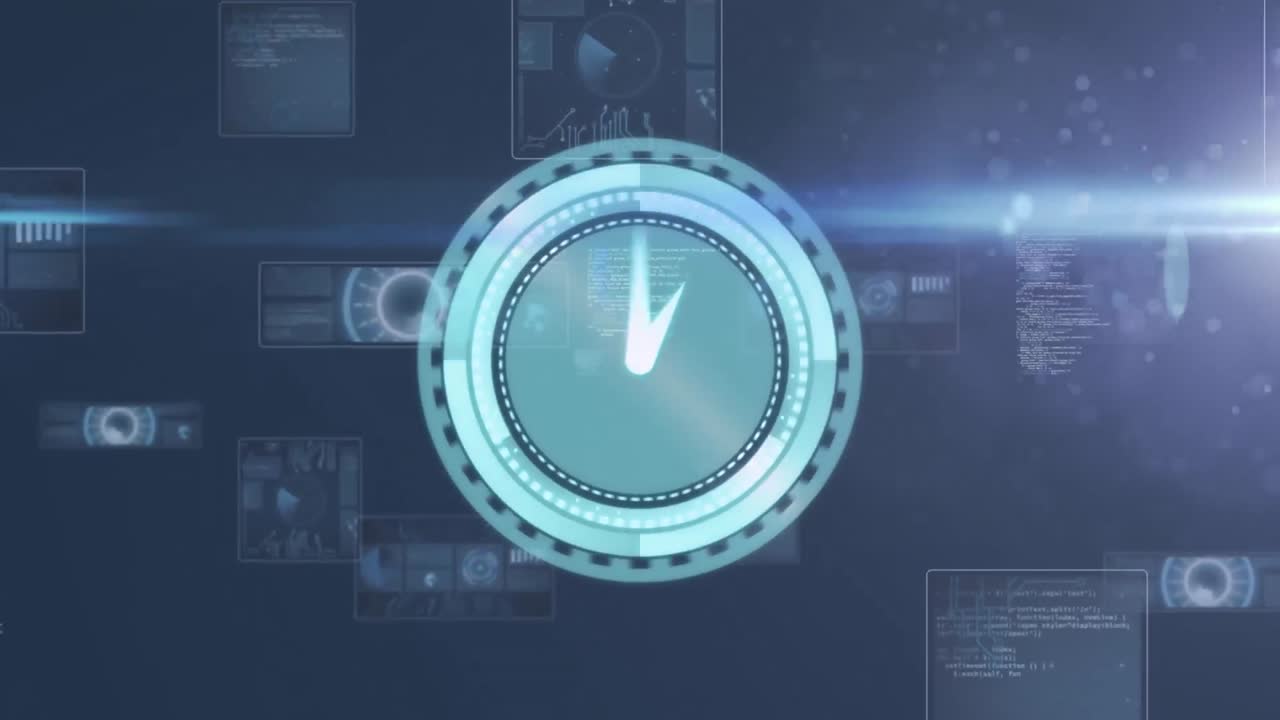 Animation of clock moving fast over data processing on screens on blue background