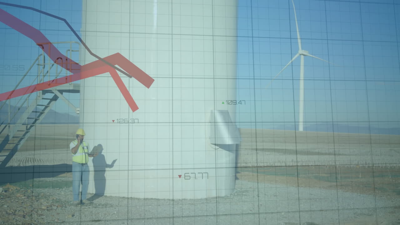풍력 터빈 검사 및 데이터 분석 애니메이션 (그리드 배경)