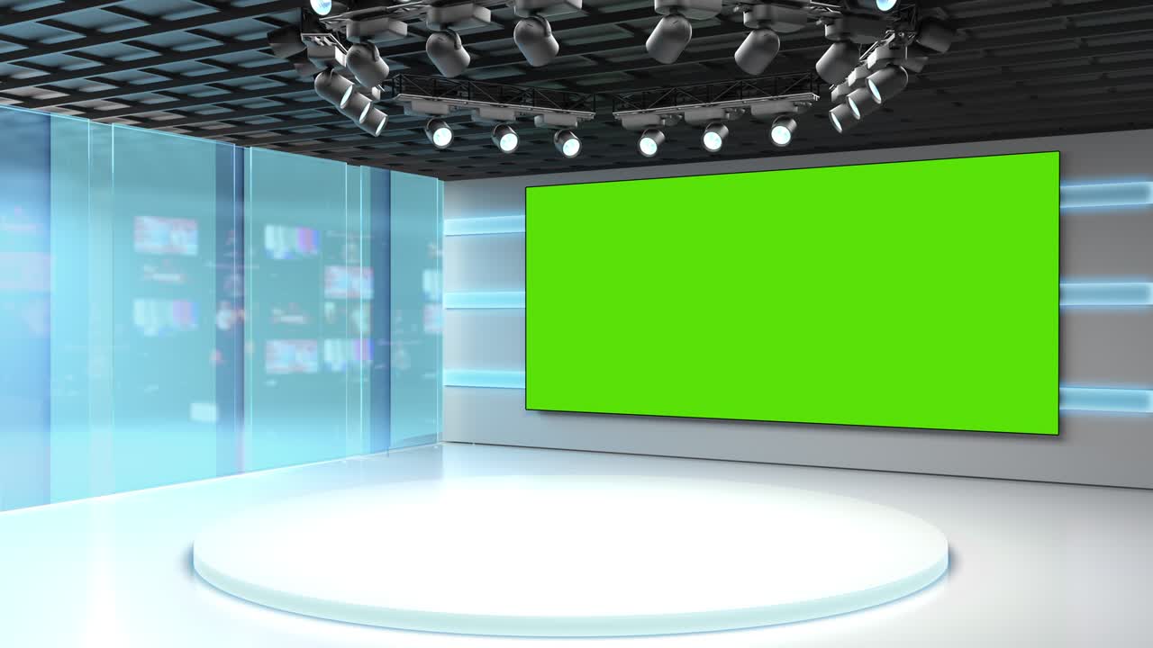 estudio de televisión. sala de noticias. fondo azul y rojo. toma general y de primer plano. estudio de noticias. trasfondo de estudio. bakground de la sala de prensa. el telón de fondo perfecto para cualquier producción de video de pantalla verde o chroma key. bucle. renderizado 3d
