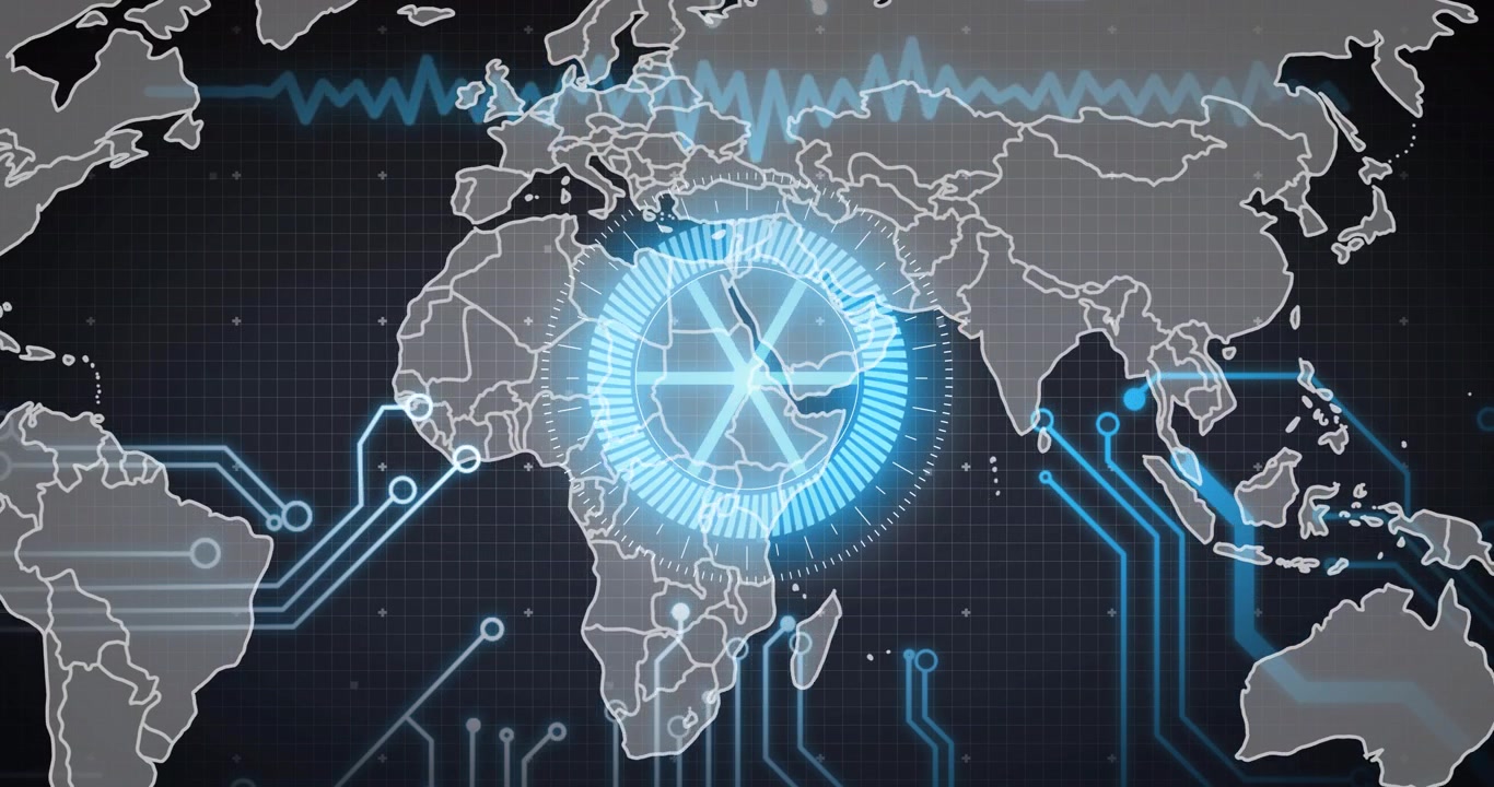 HUD digital activado por una tenue iluminación de pulso y escaneando África en rotación, mostrando flujo de datos
