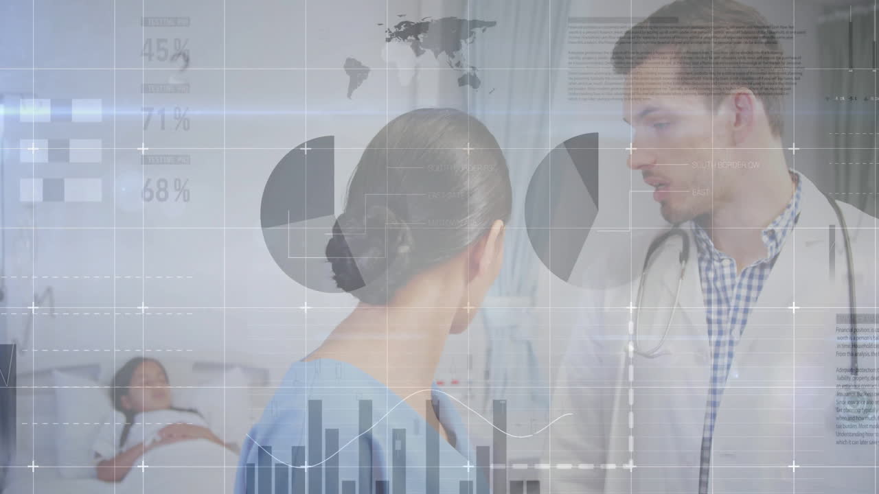 healthcare patient sitting in ward, doctor consulting amid floating pie and bar charts, world map