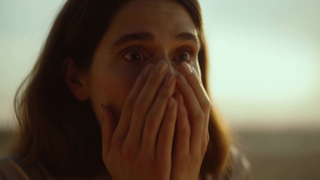 Retrato cinematográfico fechado de jovem mulher cobrindo a boca com as duas mãos, olhos lacrimejantes arregalados e tensão facial sugerindo choque súbito, sobrecarga, descrença silenciosa e resposta emocional intensa.