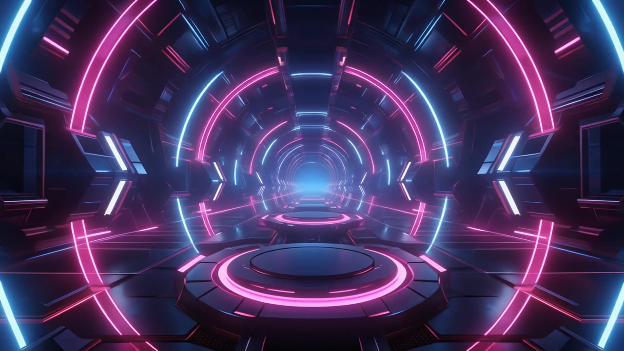 Futuristic Sci-Fi Corridor with Glowing Neon Circular Lights