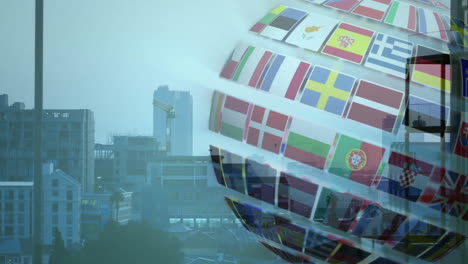 rotating globe with country flags animation over cityscape background