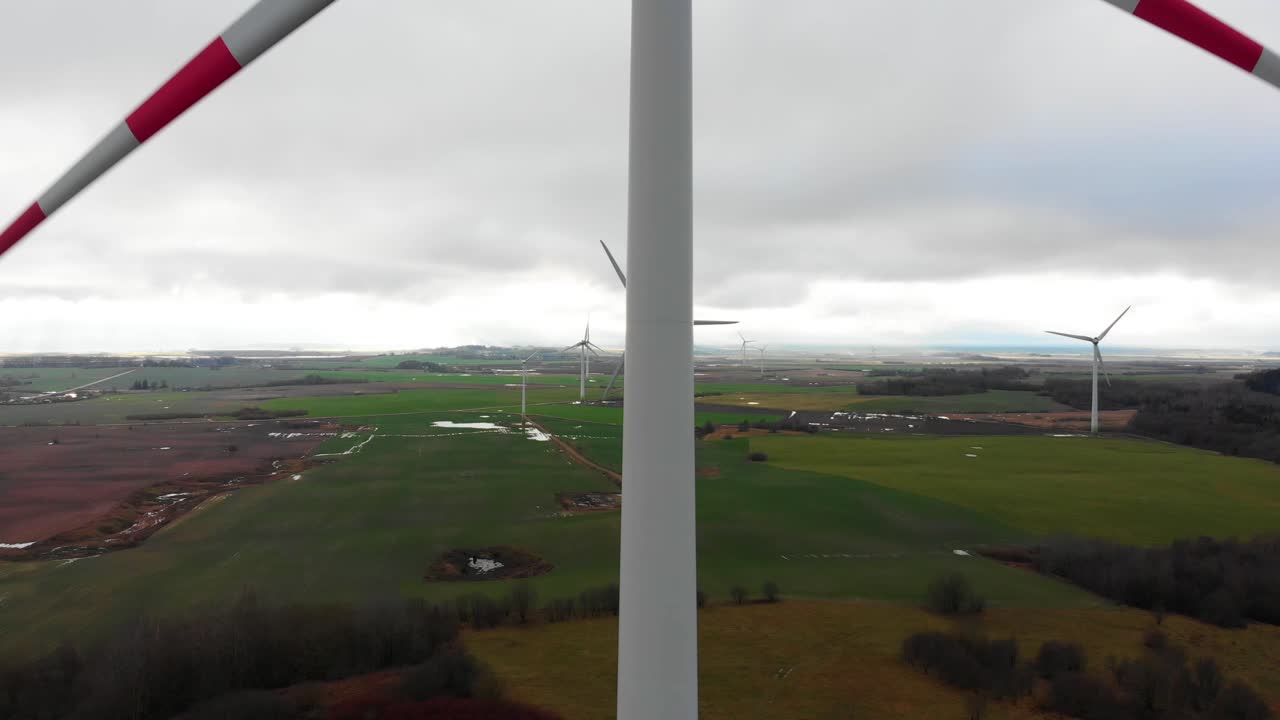 Electricity producing windmill close up view with panoramic landscape field background, world sustainable green power energy