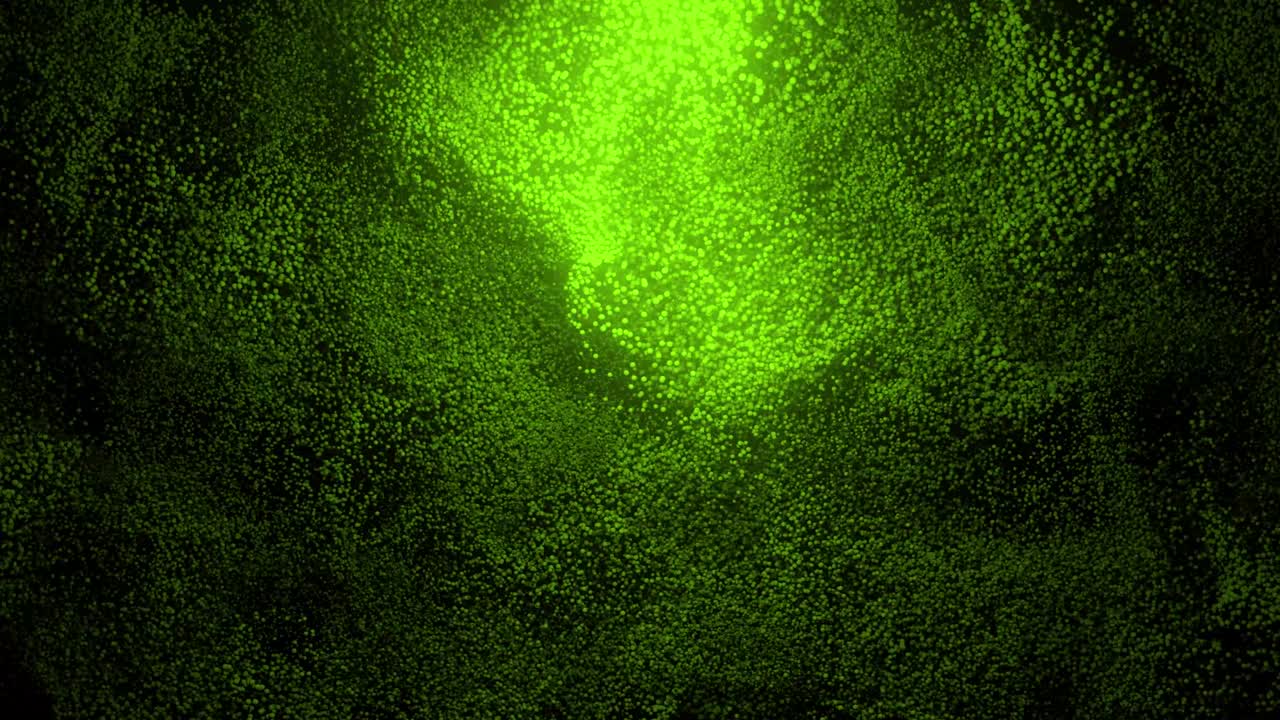 Abstract patterns of green sand spreading on black background. Green dot cloud swirls at darkness. Virtual data. VJ loop motion background. 4K animation - 3D render