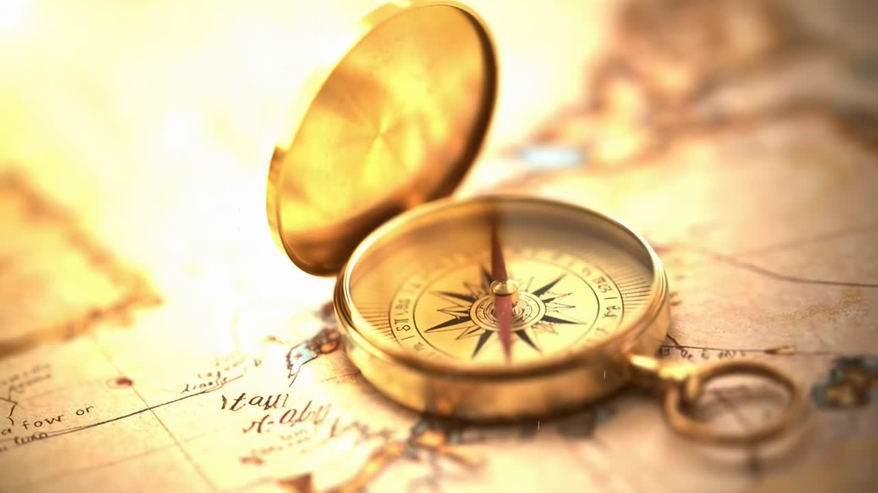 Close-up video of a vintage compass on a map, angled from above, capturing adventure