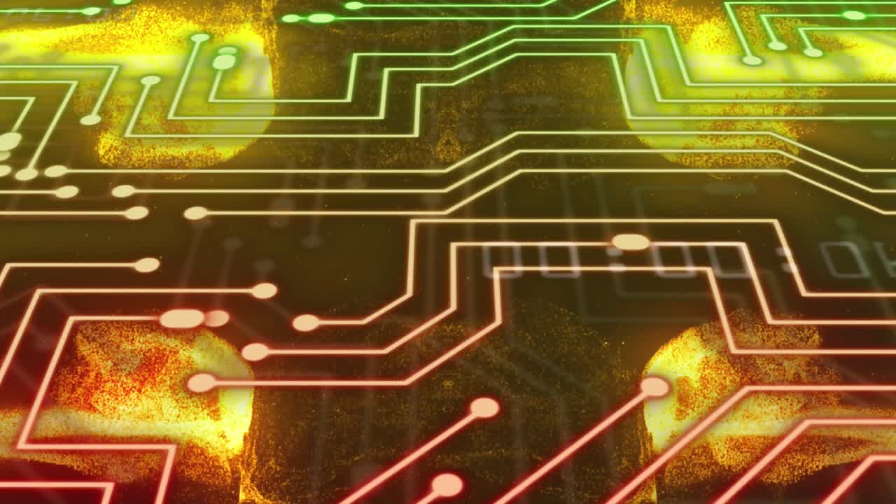 animación de datos que se mueven a través de la placa base sobre llamas en fondo oscuro