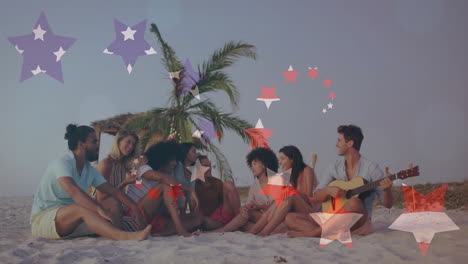 Group-of-friends-sitting-on-beach-with-palm-tree,-guitar-playing-animation