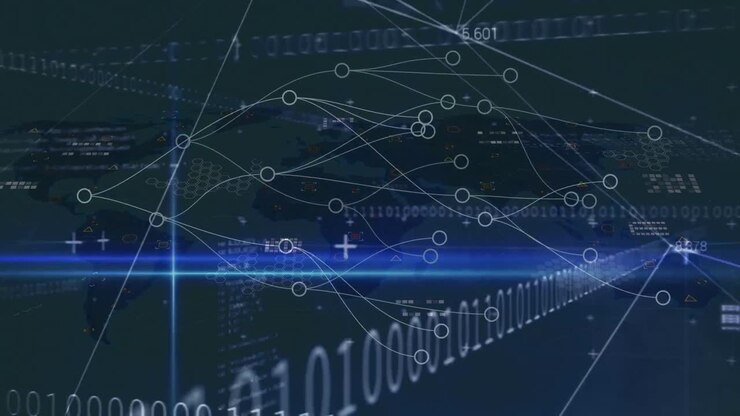 Animation of data processing, lights, connections and binary code in navy digital space