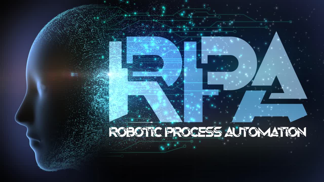 High quality animated graphical concept design depicting Robotic Process Technology Automation technology with firing neurons in circuitry and flowing particles from AI Brain, in blue color scheme