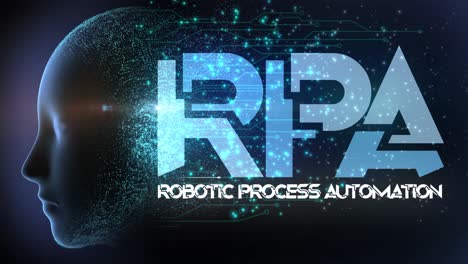 diseño de concepto gráfico animado de alta calidad que representa tecnología de automatización de procesos robóticos con neuronas de disparo en circuitos y partículas que fluyen del cerebro ai, en esquema de color azul