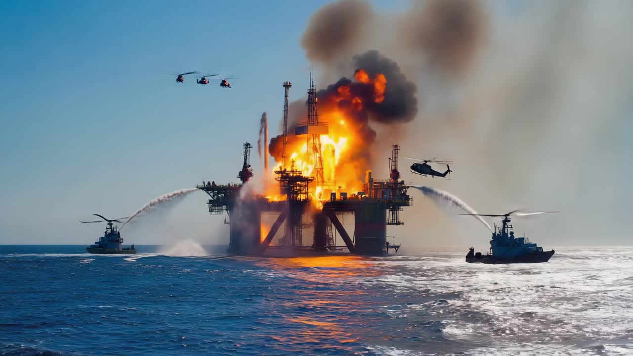 Oil Rig Fire with Helicopter Rescue