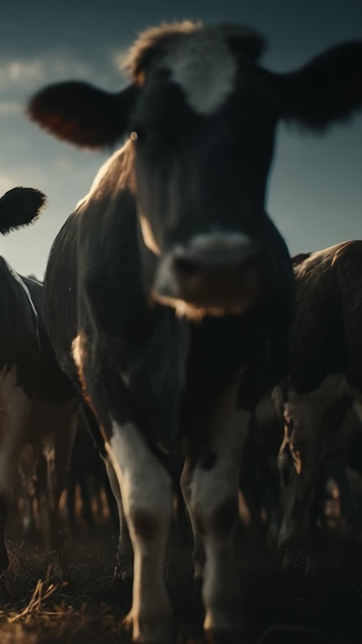 Una prospettiva ravvicinata del bestiame al tramonto: immagini accattivanti di mucche da latte in un ambiente di fattoria, che evidenziano le loro caratteristiche uniche e l'ambiente della vita rurale