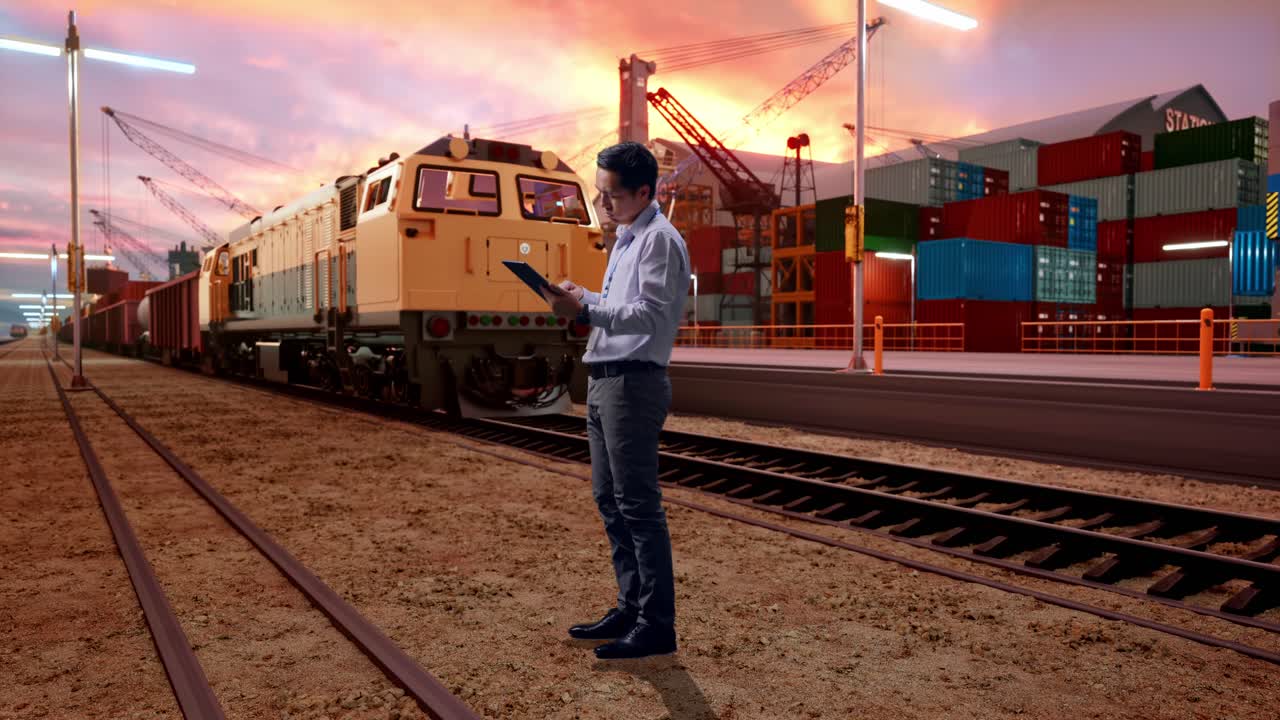 Full Body Side View Of An Asian Male Professional Worker Standing With His Tablet With Freight Cargo Train At Port, He Is Nodding His Head With Dissapionted
