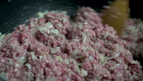 Close-up-of-sizzling-minced-meat-and-chopped-onions-in-pan