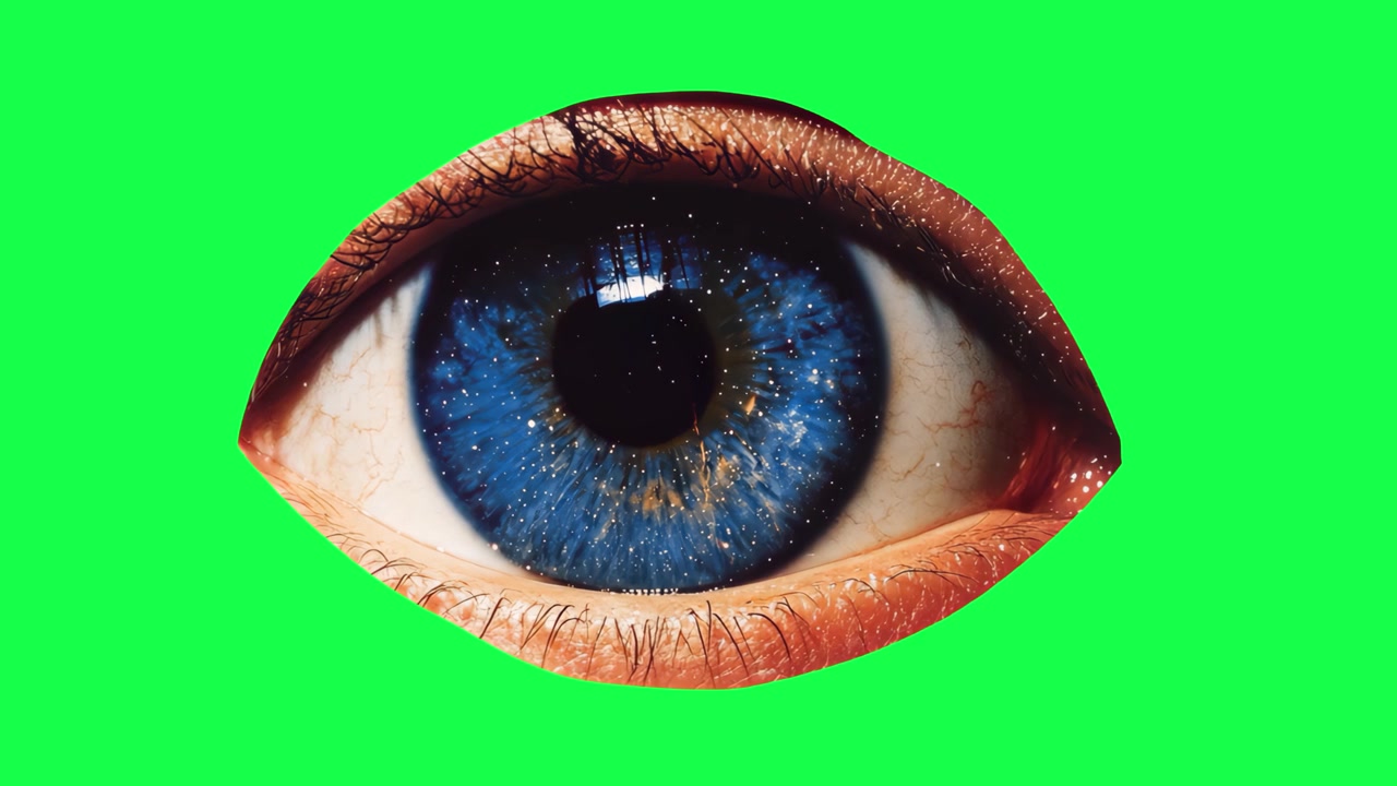 Œil bleu clignotant avec des étincelles cosmiques sur fond vert