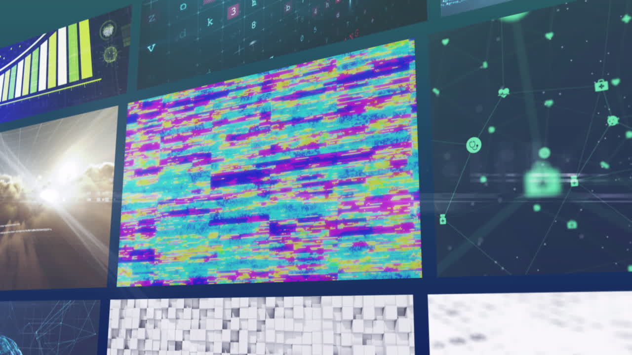 9개의 비즈니스, 레저 및 기술 화면의 복합 애니메이션