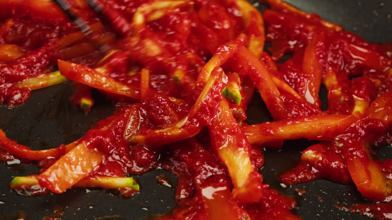 Stir-Frying Sliced Red Bell Peppers with Sauce in a Pan