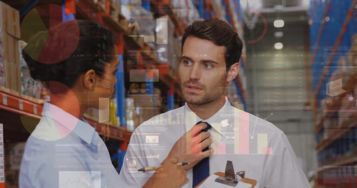 Animation of data processing over people working in warehouse