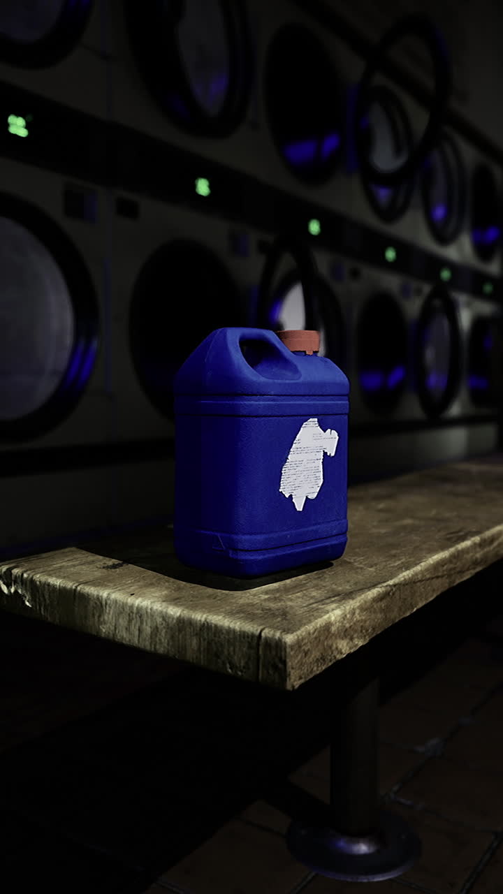 Blue container placed on wooden bench in dimly lit laundromat