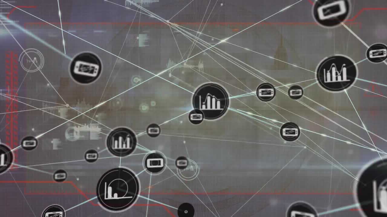 animación de la red de conexiones sobre el paisaje urbano y procesamiento de datos