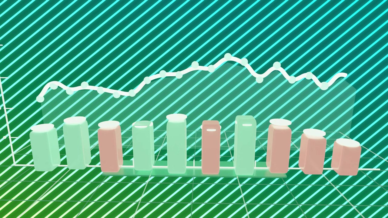 Lighting starting 3D bar chart forming bars emerging left-right, trend line drawing, showing trend