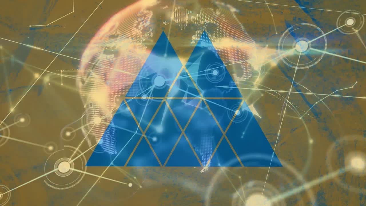 추상적인 삼각형 모양과 회전하는 지구에 대한 디지털 아이콘의 네트워크의 애니메이션