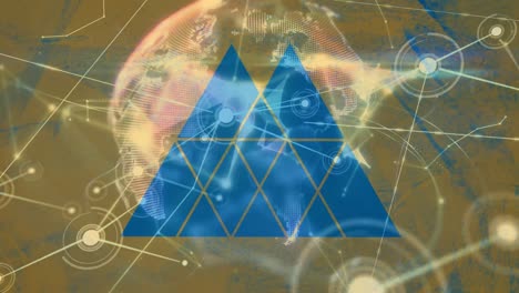 animación de formas triangulares abstractas y una red de iconos digitales contra un globo giratorio