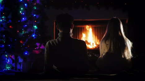 dos adolescentes admiran el fuego en la chimenea cerca del árbol de navidad