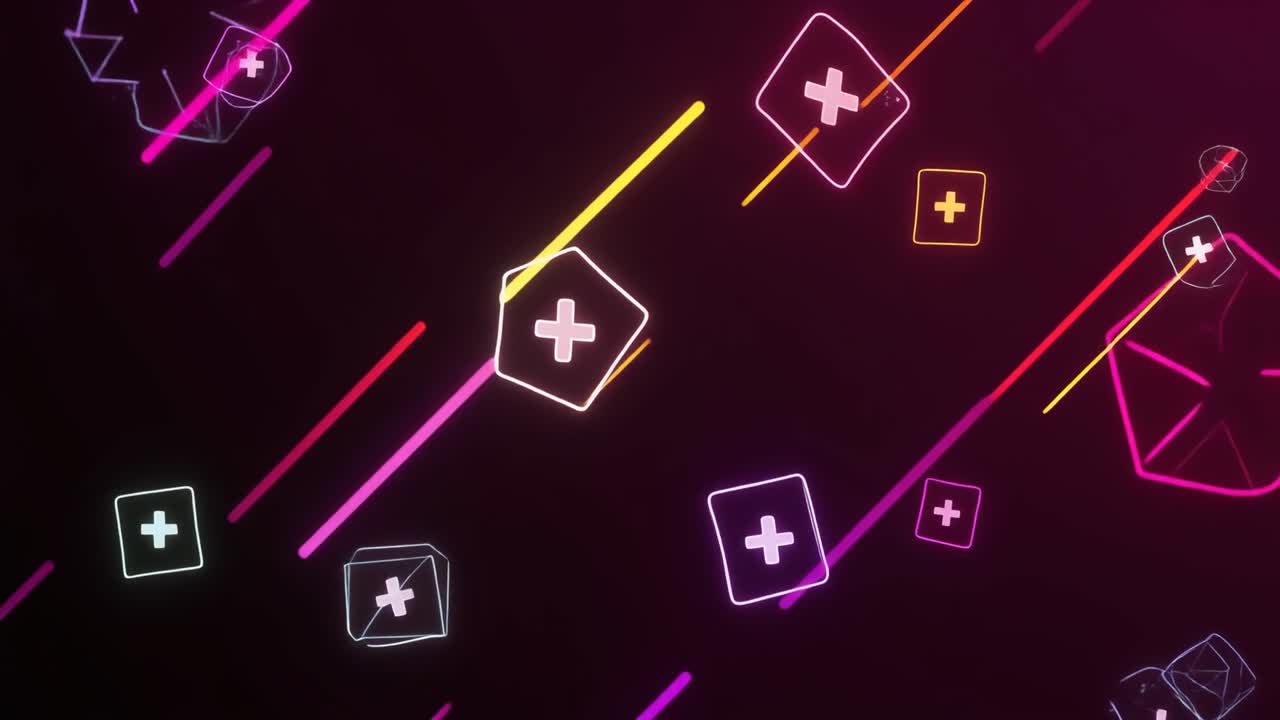 Abstract Neon Geometric Shapes with Plus Signs Moving on Dark Background