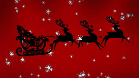 star icons falling over christmas tree in sleigh being pulled by reindeers against red background