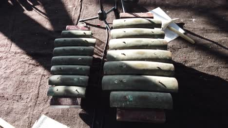 Closeup-of-Gamelan-Gambang-Instruments,-Showcasing-Metallic-Keys-and-Mallets-Old-and-Ancient-Musical-Orchestra,-Indonesia