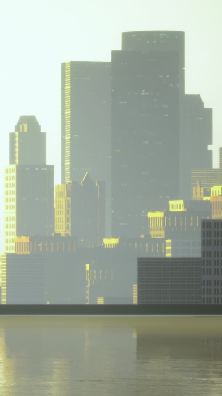 Amanecer sobre el horizonte de la ciudad con edificios altos reflejando la luz