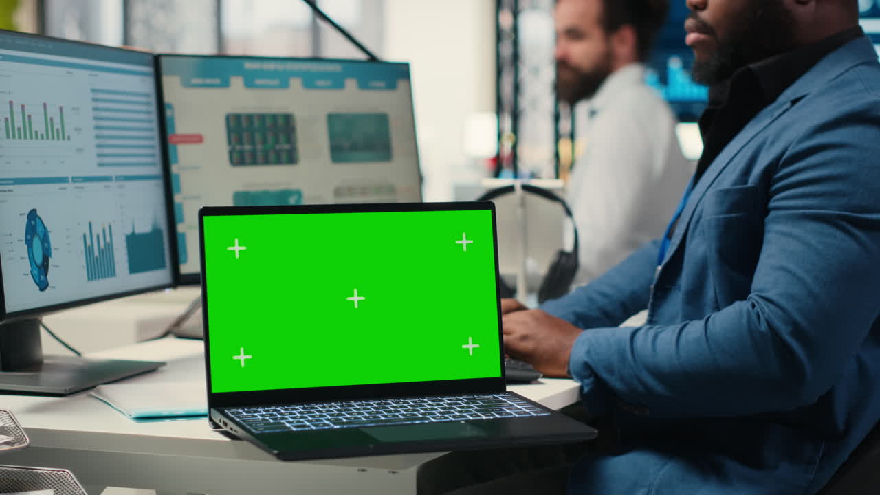 Professional manager works with graphs and isolated mockup screen