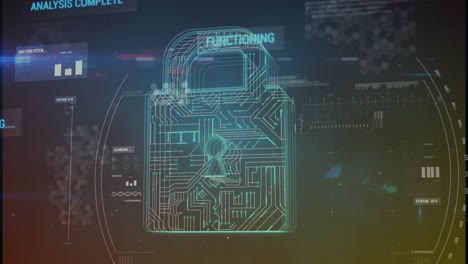 Animation of scope scanning over security padlock icon and data processing on blue background