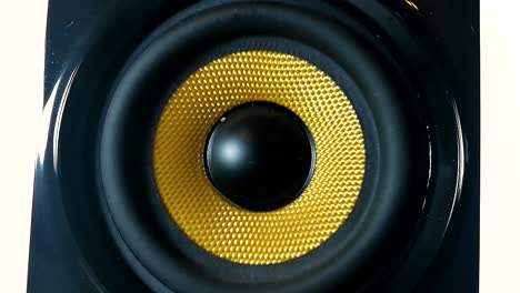 A-vibrating-membrane-on-Isolated-high-performance-black-and-golden-audio-speaker,-Part-3,-STILL,-SLOMO