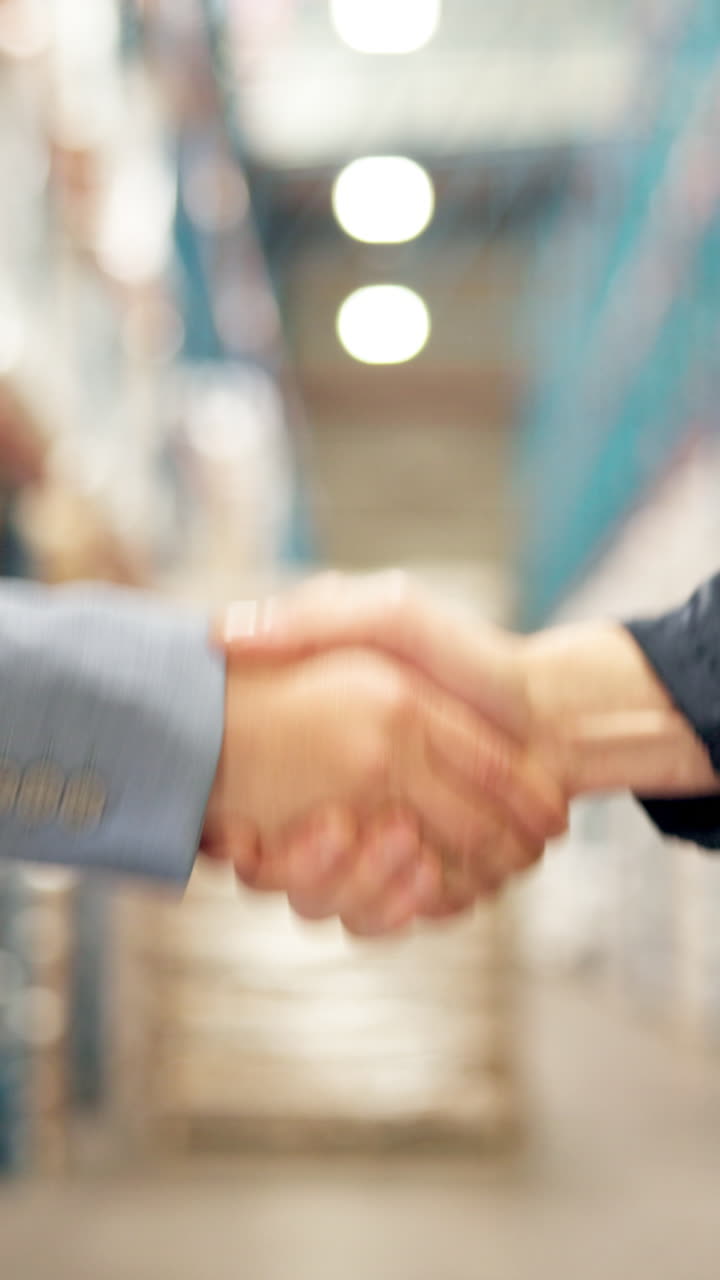 Stretta di mano tra partner commerciali in un magazzino
