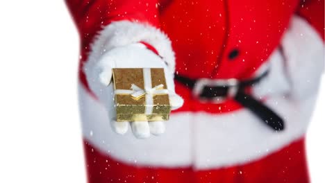 Animation-of-snow-falling-over-santa-claus-holding-gift