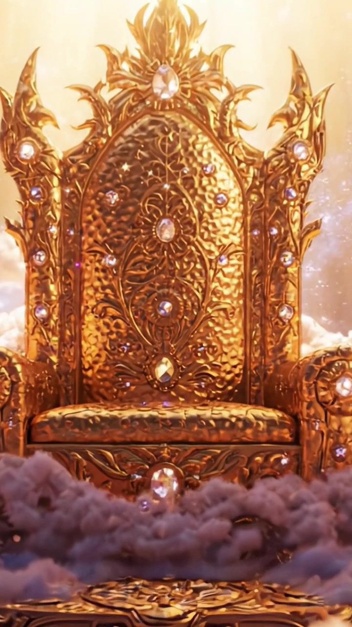 A Majestic Golden Throne Surrounded by Ethereal Clouds and Radiant Light, Embodying Royalty and Elegance in a Dreamlike Fantasy Setting