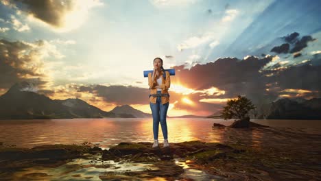 cuerpo lleno de excursionista femenina asiática con mochila de montañismo pensando en algo y mirando a su alrededor luego levantando su dedo índice mientras estaba de pie en un lago durante la hora del atardecer