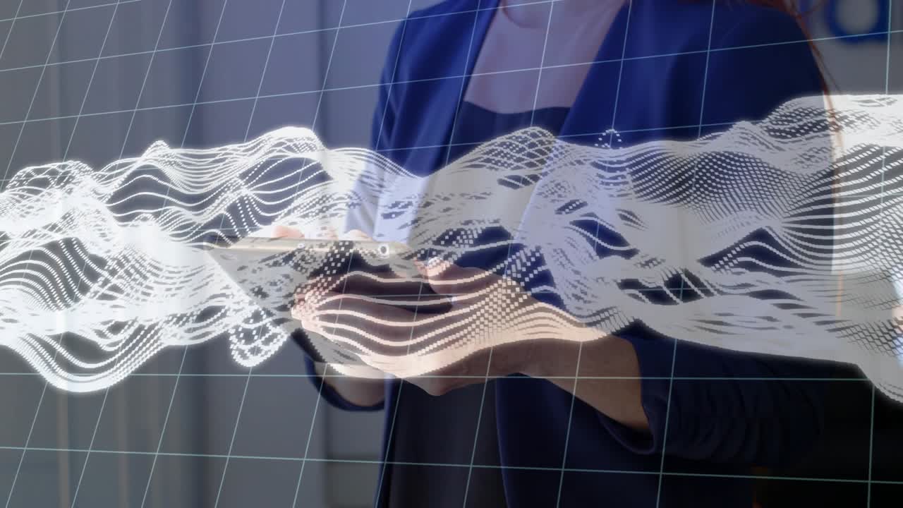 Woman tapping and swiping tablet in office tech demo while colleague watching, waveforms adjusting