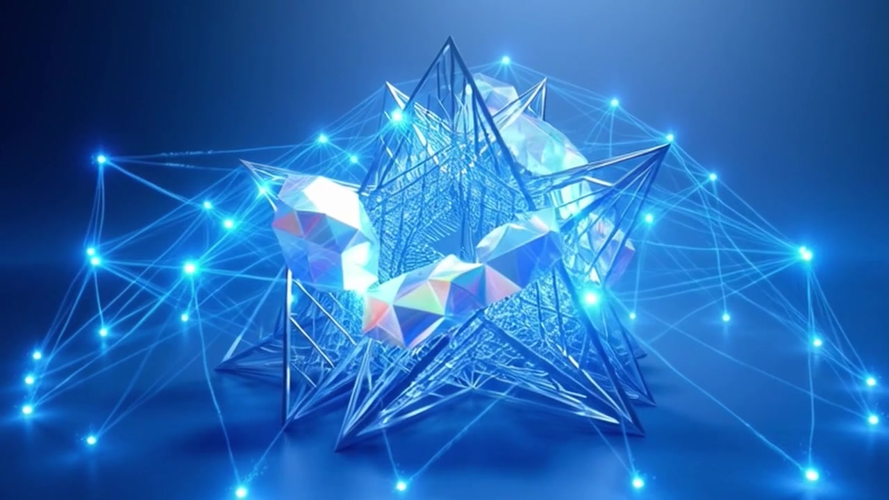 Abstract Geometric Structure with Glowing Digital Network Connections