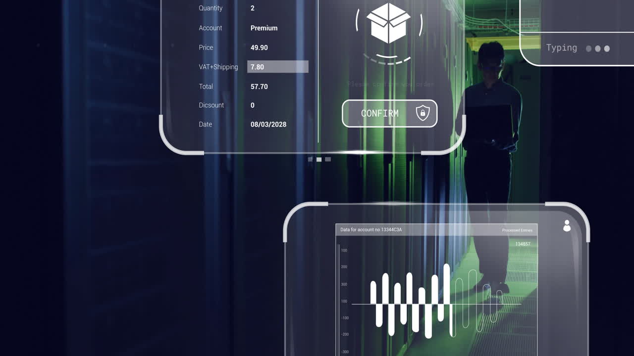 Animation of transaction details and data analytics on digital interface in office