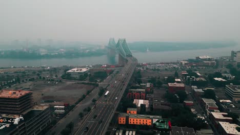 drone shot near jacques cartier beidge in montreal during smog episode in june 2023