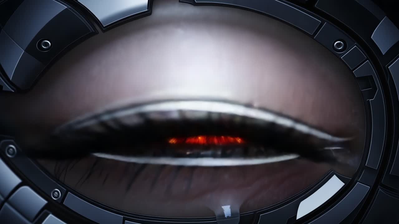 A Dramatic Transformation of a Futuristic Eye: From a Luminous Blue to a Fiery Red, Showcasing Advanced Technology and the Unseen Depths of Vision